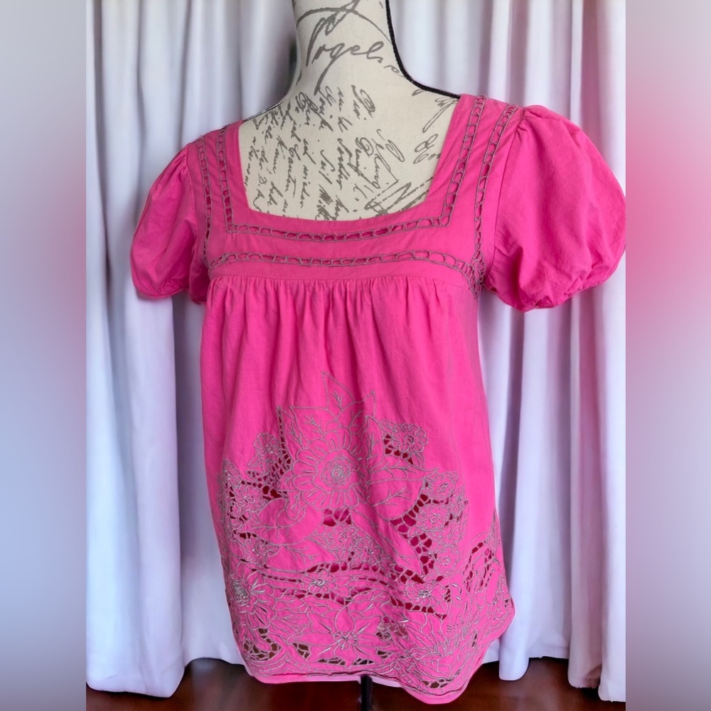 Hazel Vintage Bright Pink & Gray Embroidered Peasant blouse Extra Small XS GUC